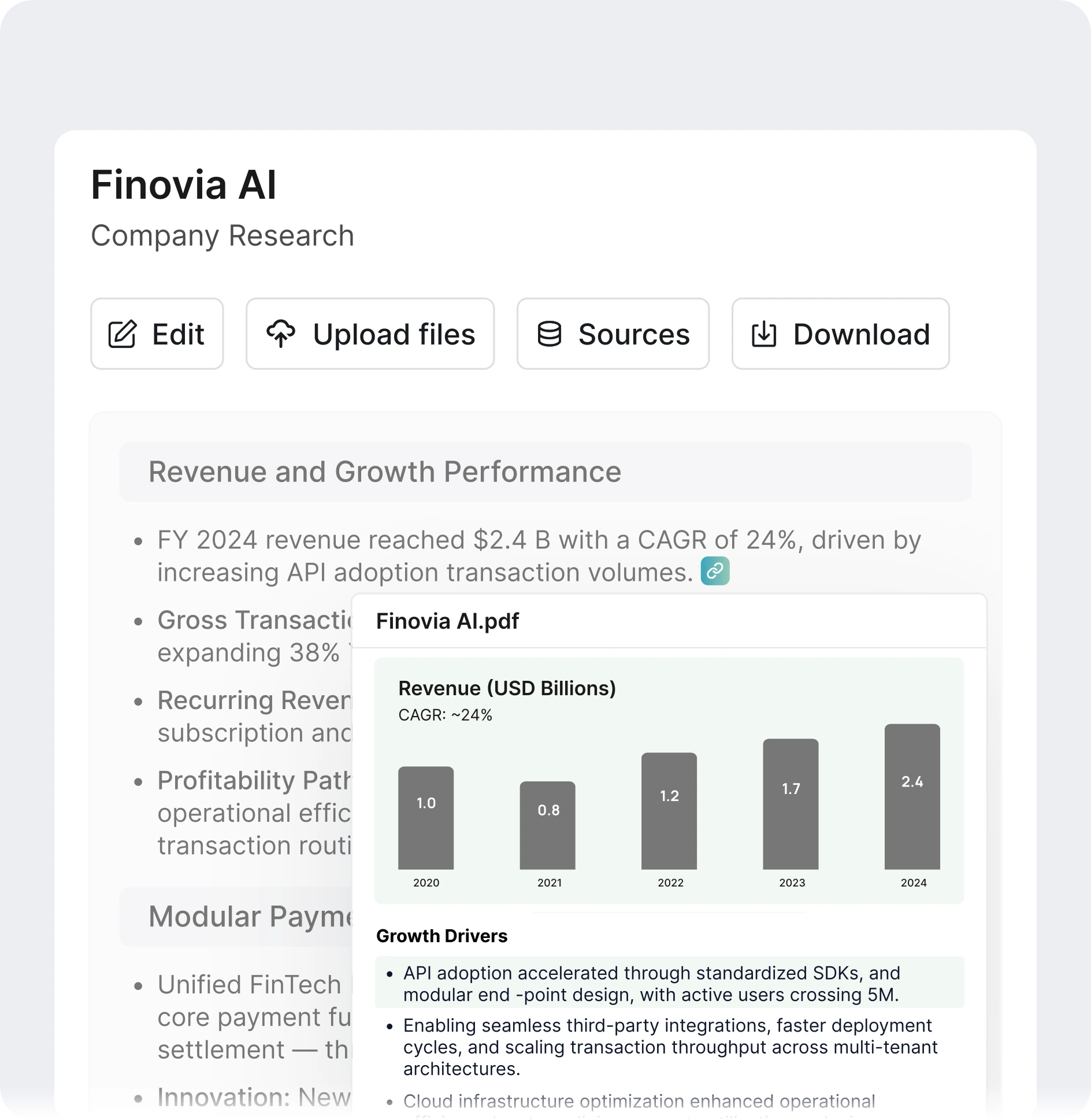 Source Assured
Wokelo output view with highlighted insights and linked source references showing how each data point is rooted in reliable, cited source material for verifiable analysis