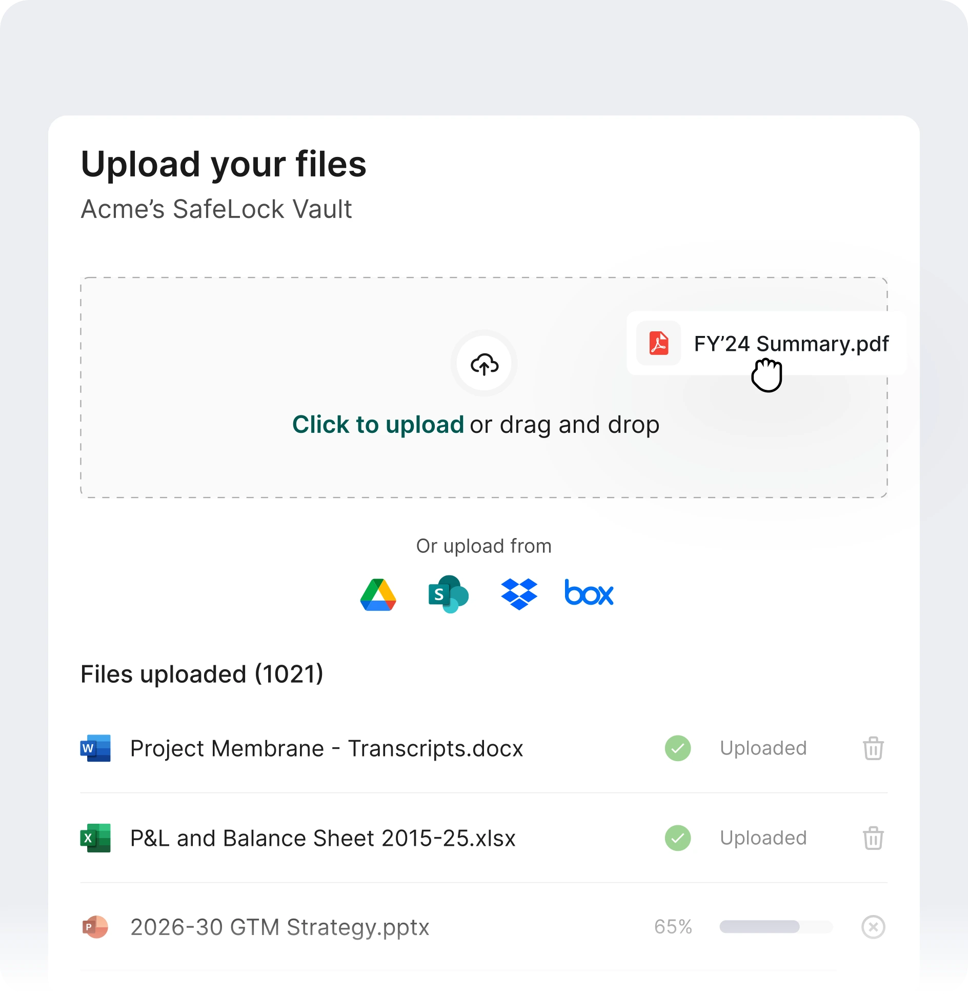 Bring Your Files
Wokelo secure file upload interface with vault-style uploader and imported internal documents to integrate proprietary materials alongside external signals for comprehensive research